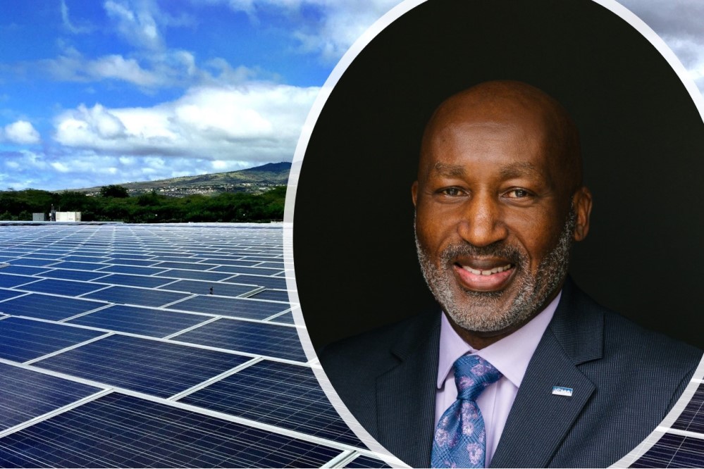 Headshot of Marc Ott along with a field of solar panels