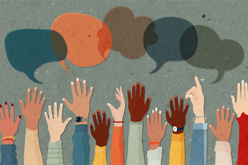 Image of folks with raised hands and speech bubbles