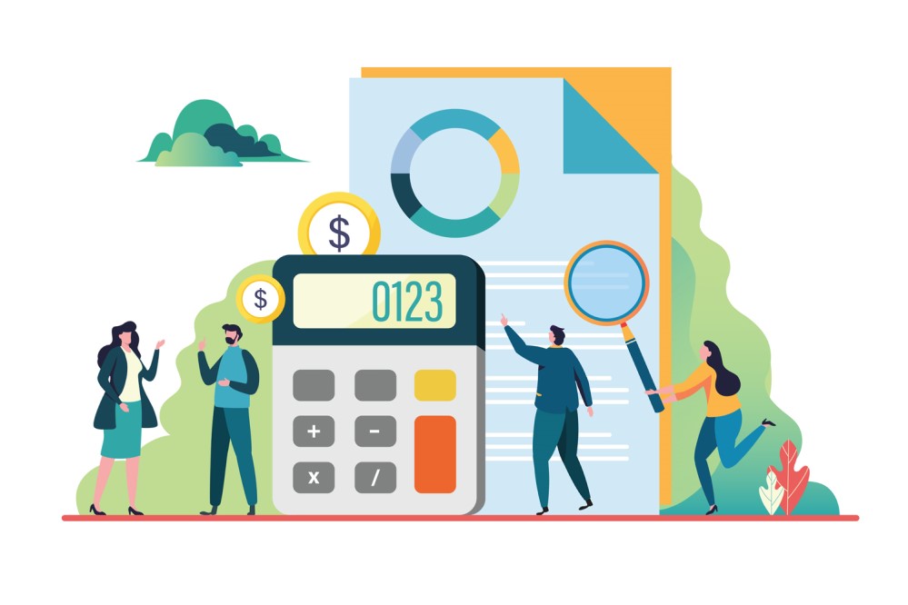 Illustration of a calculator and people examining budget documents