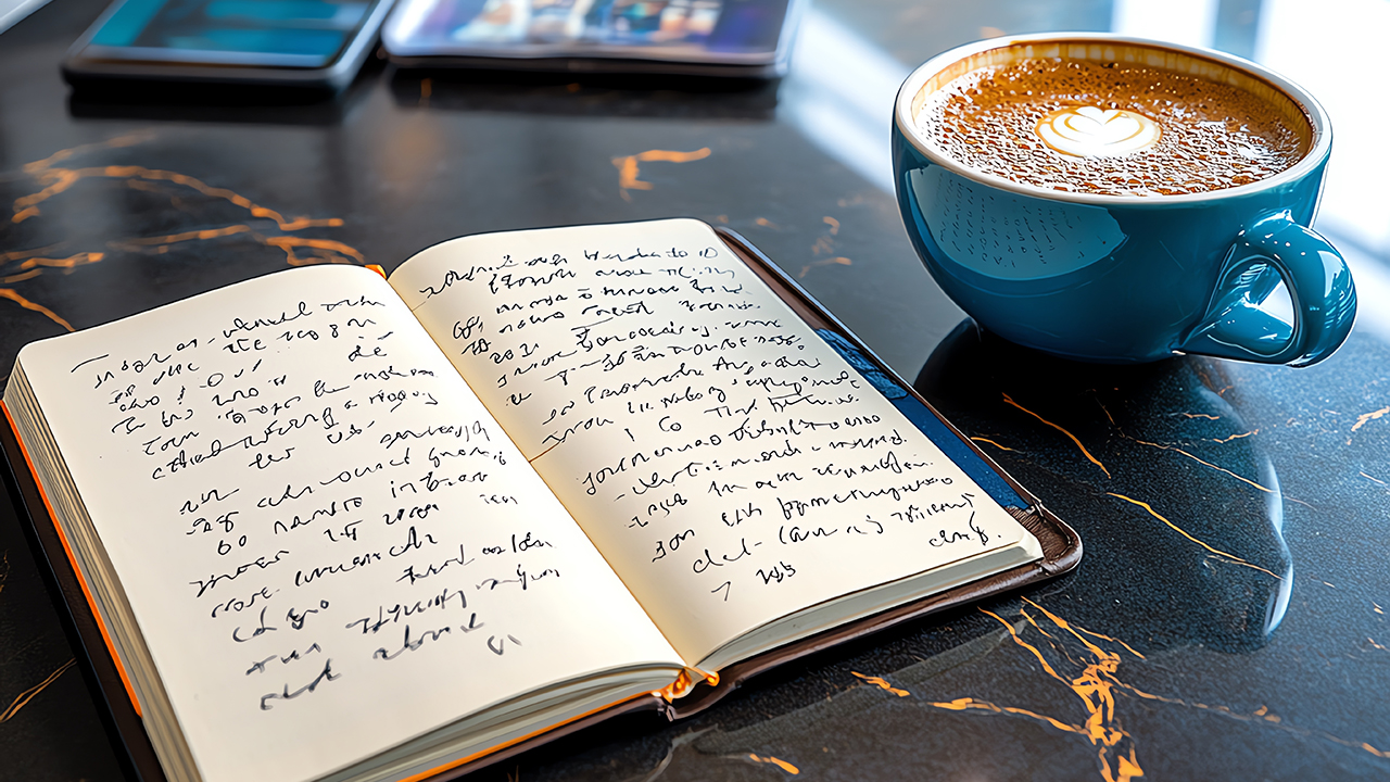 Open journal with writing next to a cup of coffee.