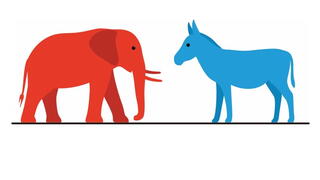 Illustratio of red elephant and blue donkey, representing U.S. political parties