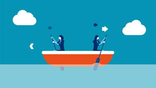 Illustration of two women in the same boat trying to row in different directions