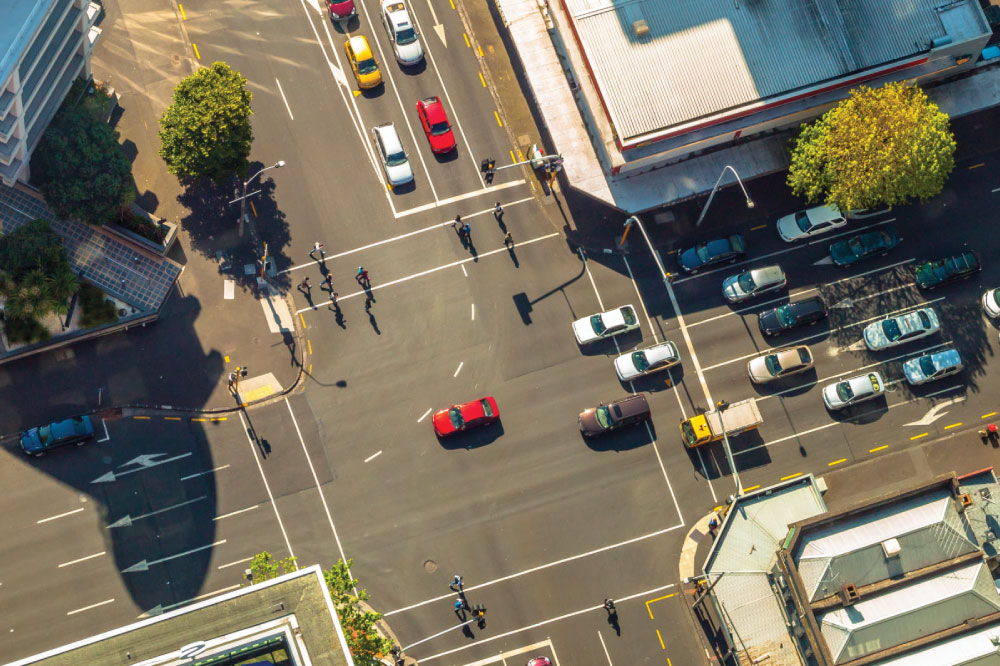 birdseye view of traffic intersection